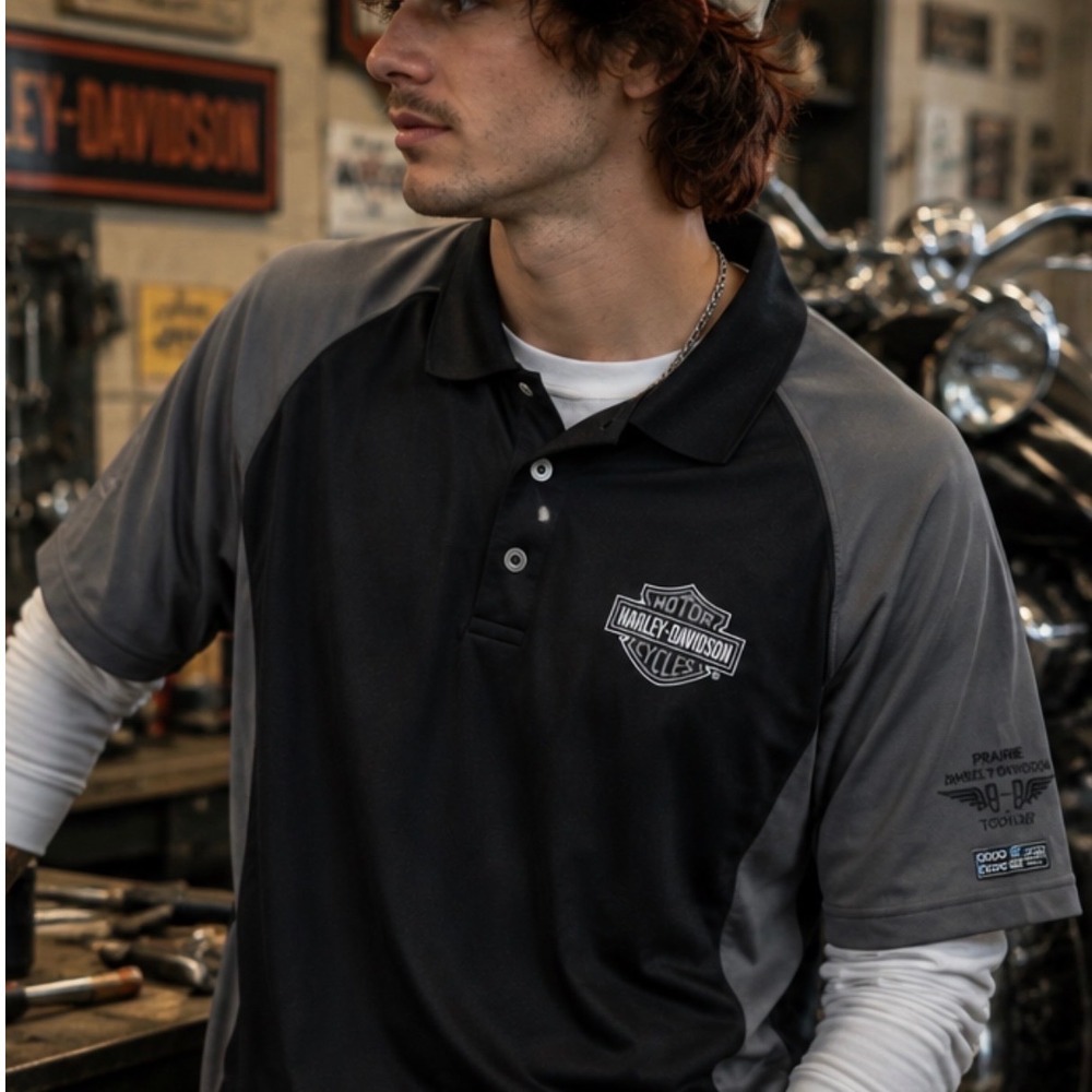 Harley Davidson Mens Black/Grey Motorcycle Biker Mechanic Shirt Button Up 2XL